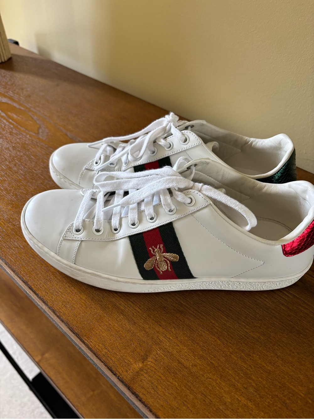 Gucci White Leather Sneakers with Red & Green Web and Gold Bee Accent
